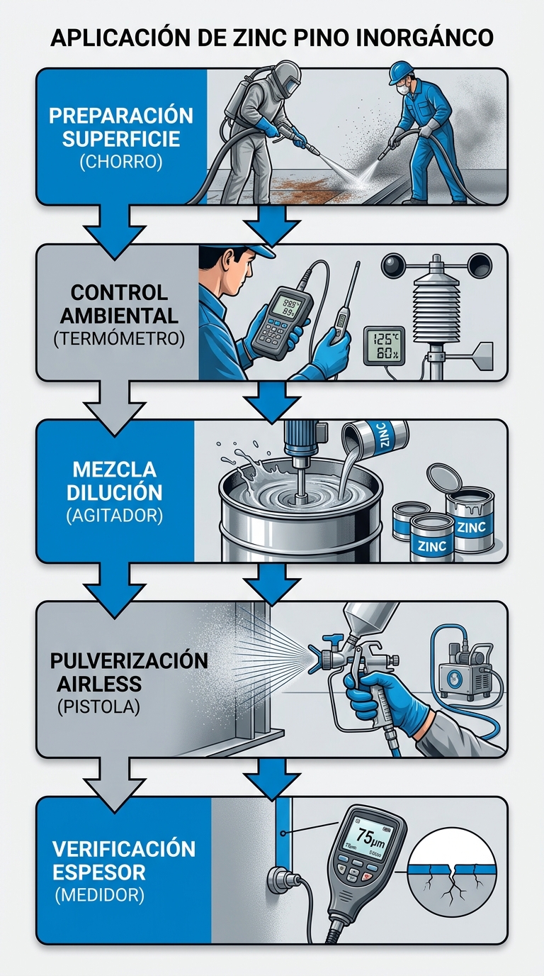 Diagrama de flujo vertical de cinco etapas para aplicación de imprimaciones ricas en zinc: preparación, control ambiental, mezcla, pulverización y verificación.