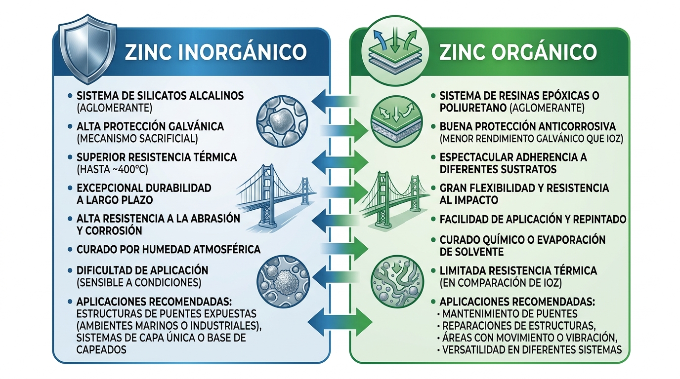 Infografía comparativa horizontal de diferencias entre zinc orgánico e inorgánico en recubrimientos anticorrosivos, con iconos, flechas y viñetas.