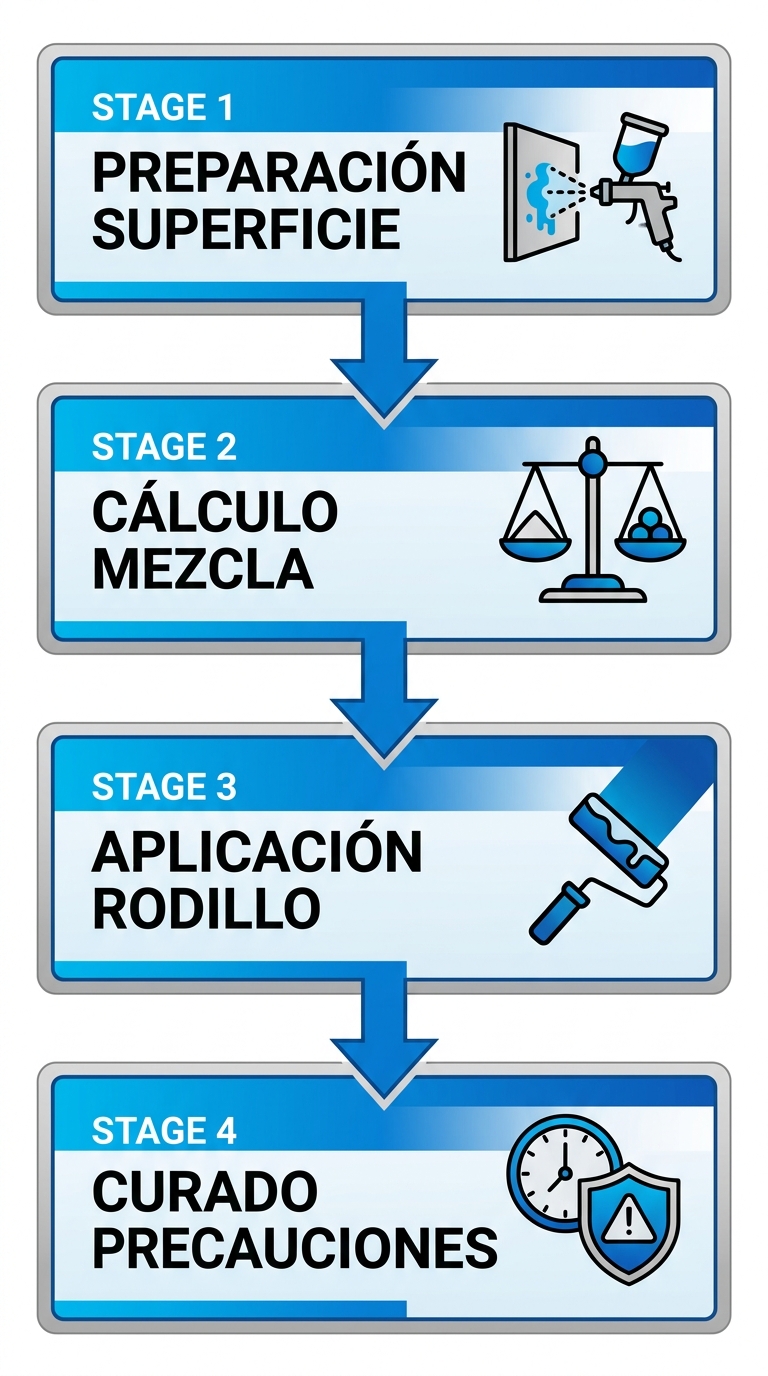 Diagrama de flujo vertical de cuatro etapas para aplicación segura de aminas en recubrimientos epoxi