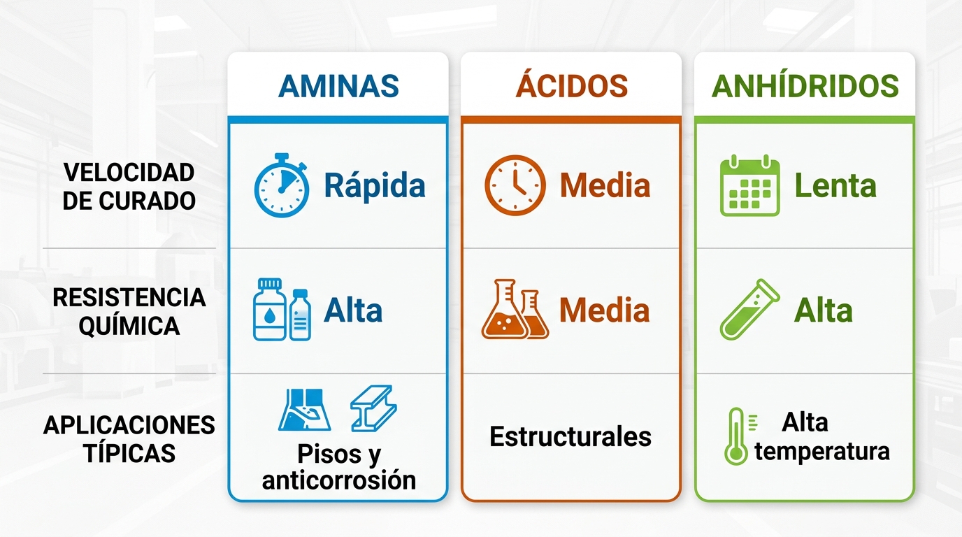 Infografía comparativa de endurecedores aminas, ácidos y anhidridos en pinturas epóxicas con características y aplicaciones