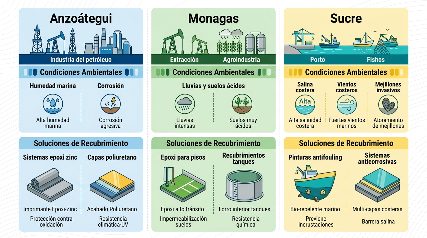 Infografía comparativa de desafíos ambientales y soluciones de recubrimientos en Anzoátegui, Monagas y Sucre del Oriente venezolano
