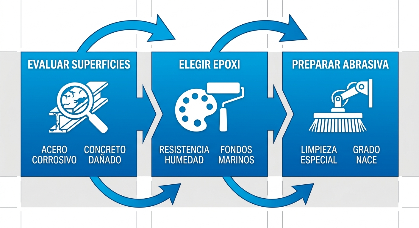 Diagrama de flujo horizontal de tres etapas para empezar con pinturas industriales: evaluar superficies con lupa, elegir epoxi o poliuretano con paleta, preparar con cepillo abrasivo en entornos del Oriente venezolano.