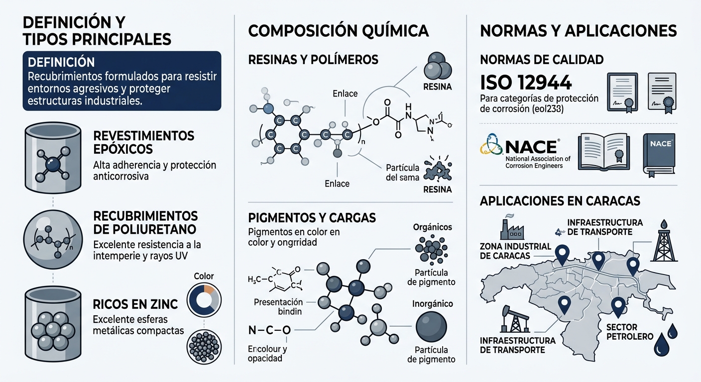 Infografu00eda horizontal con tres columnas sobre fundamentos de recubrimientos industriales: tipos, composiciu00f3n y aplicaciones en Venezuela