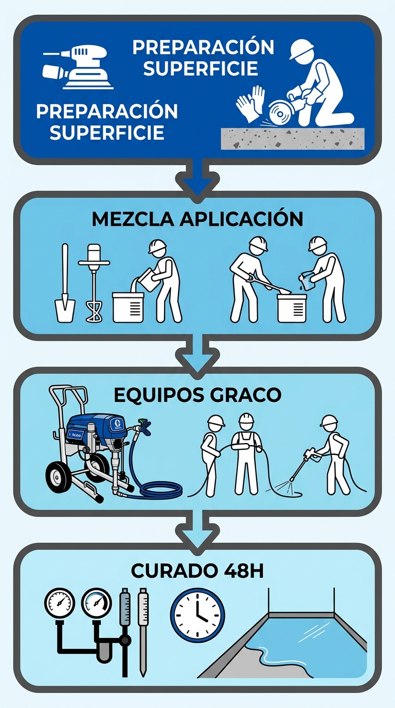 Diagrama de flujo vertical de cuatro etapas para aplicaciu00f3n de recubrimientos industriales: preparaciu00f3n de superficie, mezcla y aplicaciu00f3n, equipos y curado.