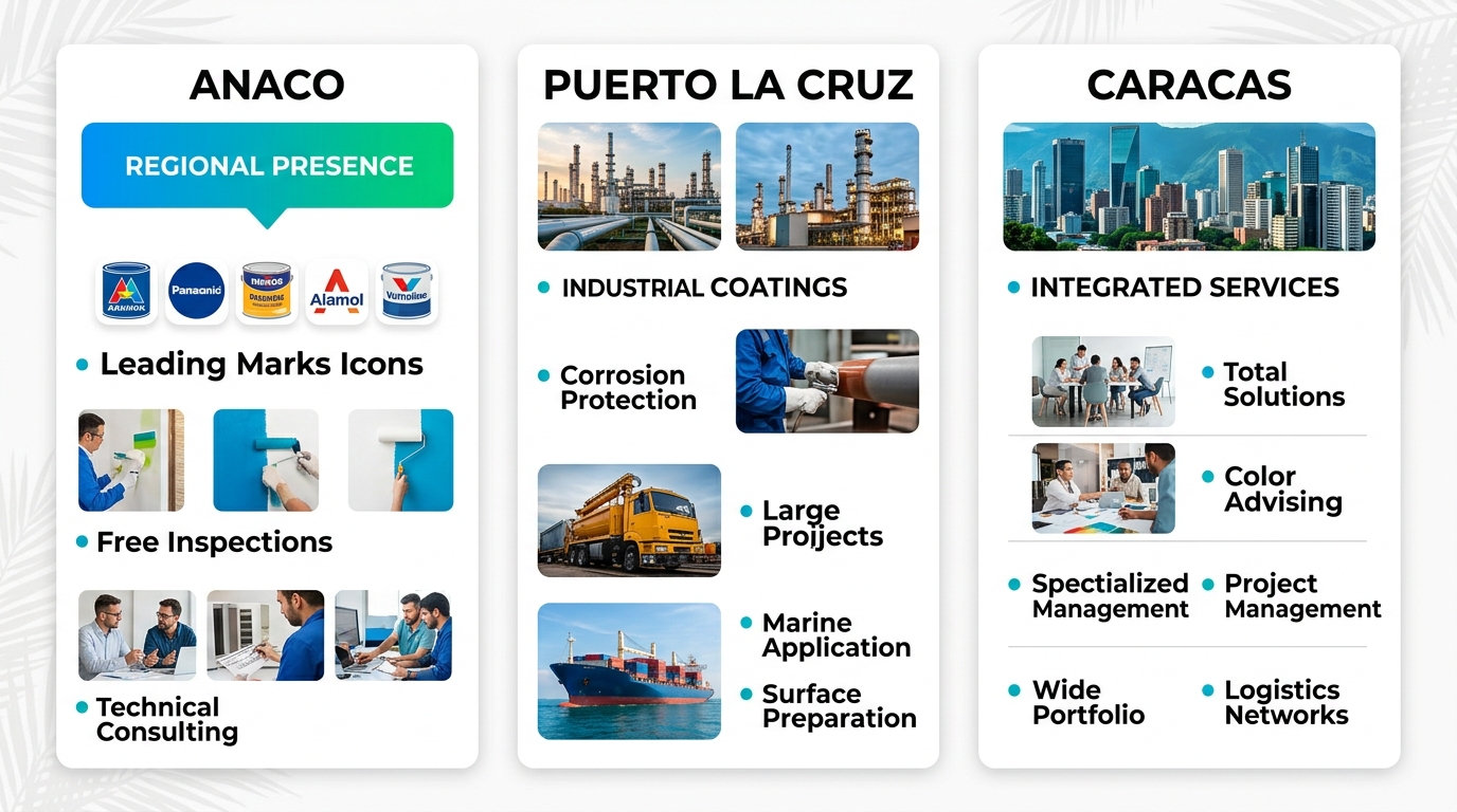 Infografía comparativa del mercado de pinturas en Anaco, Puerto La Cruz y Caracas con énfasis en servicios de El Mundo del Color