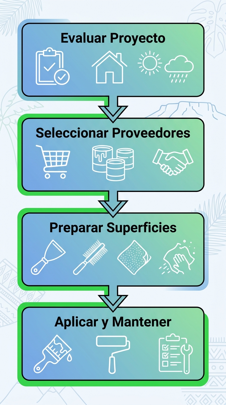 Diagrama de flujo vertical de cuatro etapas para iniciar proyectos de pintura en Anaco: evaluar, seleccionar proveedores, preparar superficies y aplicar.