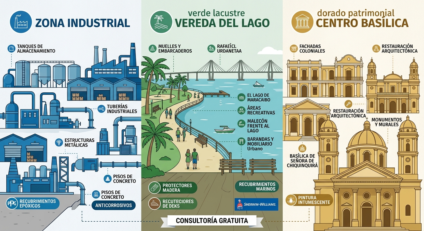 Infografía comparativa de zonas industriales, Vereda del Lago y centro de Maracaibo para aplicaciones de recubrimientos y pinturas de El Mundo del Color.