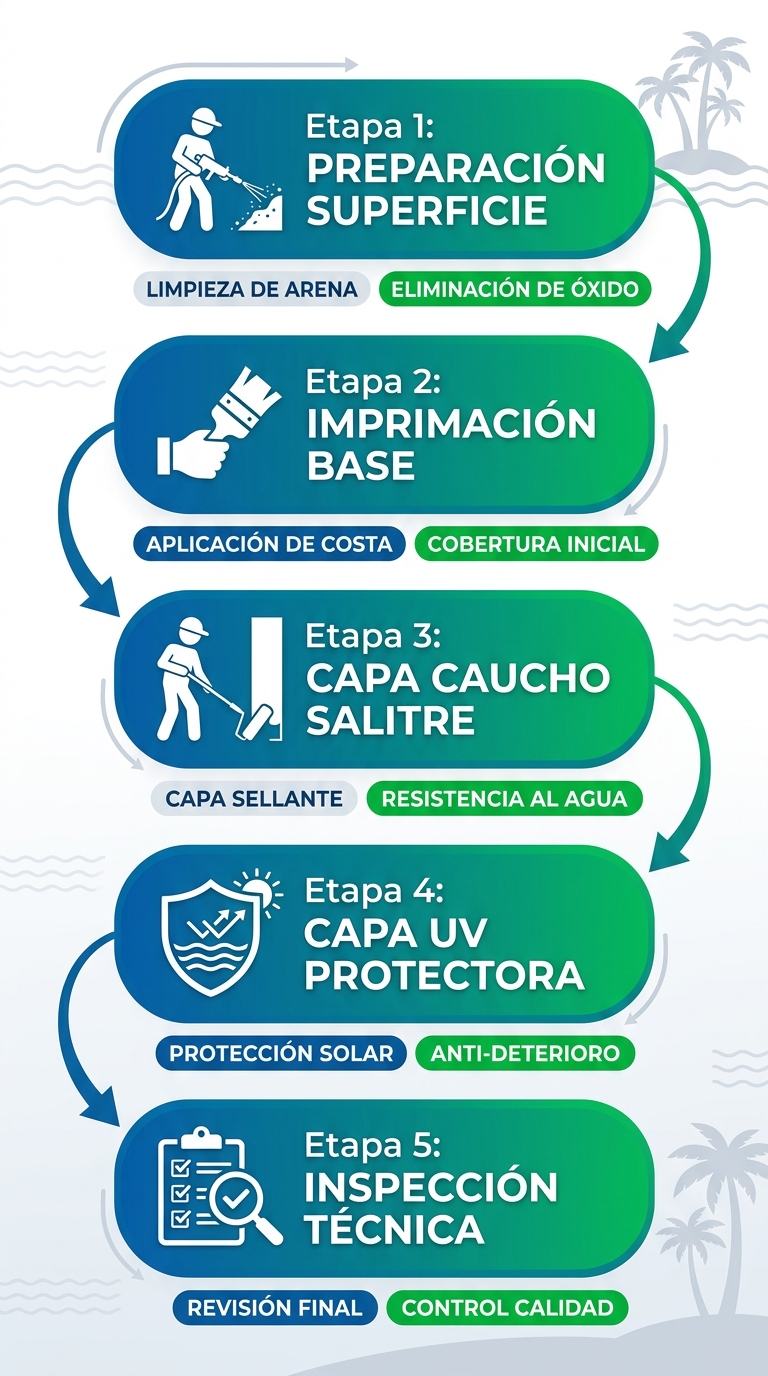 Diagrama de flujo vertical de 5 etapas para aplicar pinturas de caucho resistentes al salitre y UV en entornos marinos de Isla Margarita
