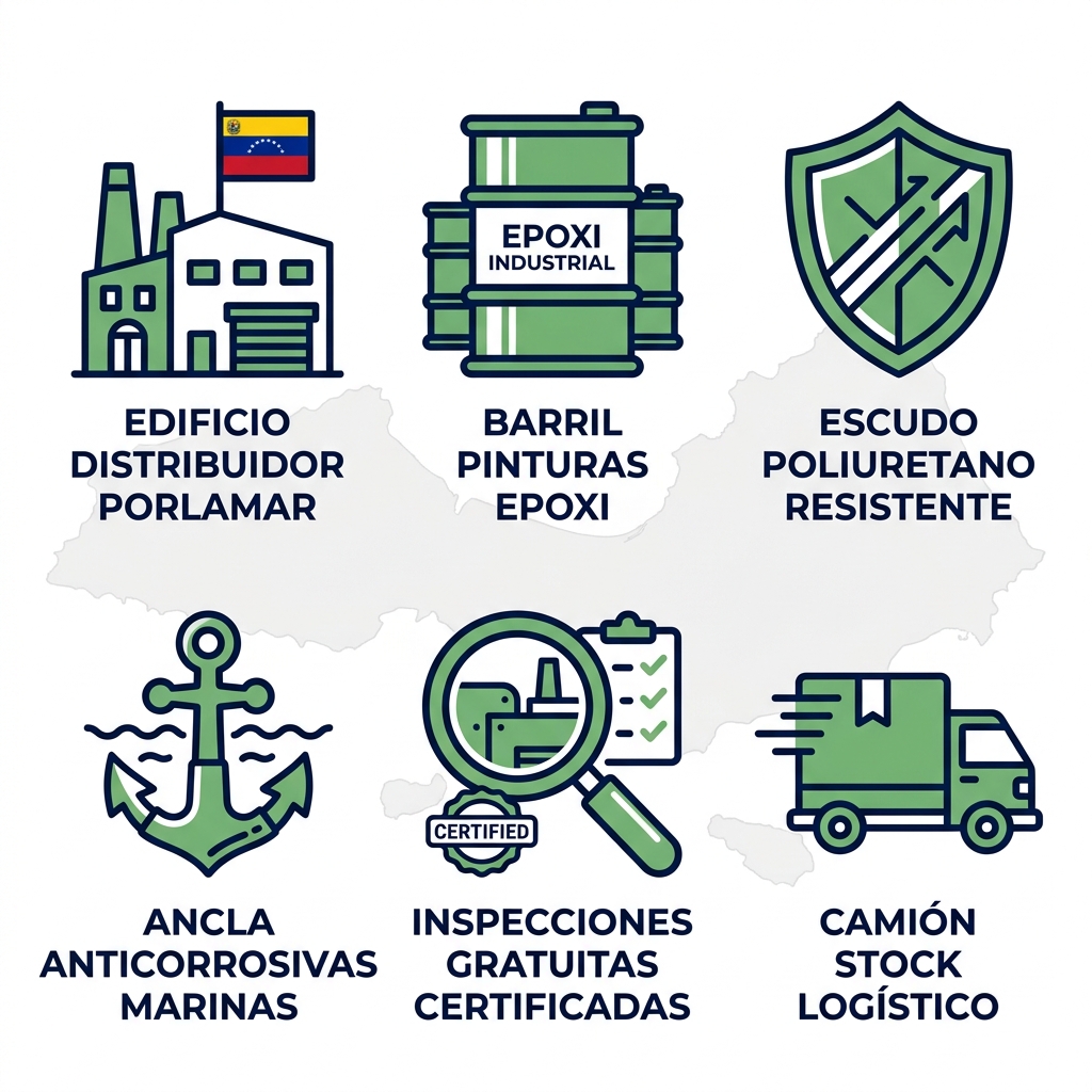 Conjunto de 6 iconos ilustrando proveedores de pinturas industriales en Isla Margarita: distribuidor local, epoxi, poliuretano, anticorrosivas, inspecciones y logística rápida.