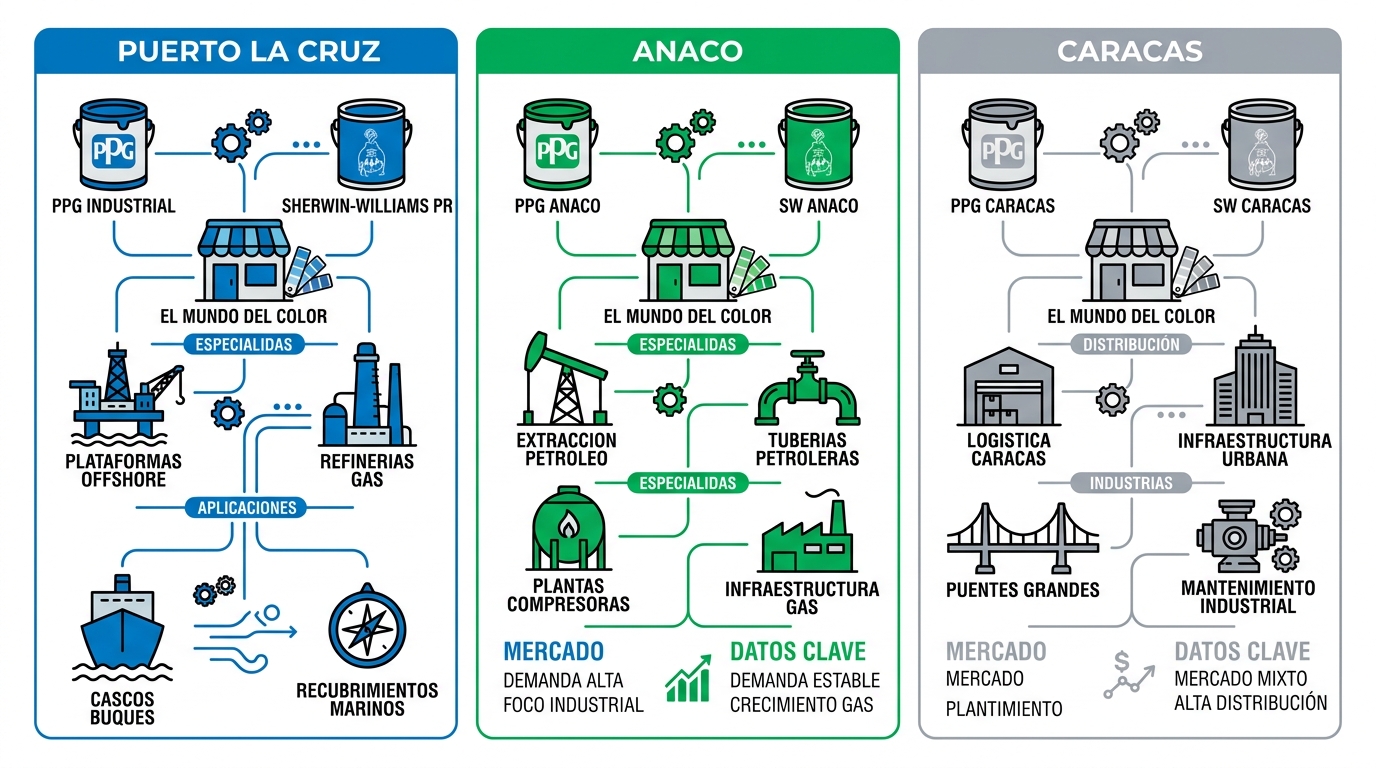 Infografía comparativa horizontal del mercado de pinturas en Puerto La Cruz, Anaco y Caracas con columnas por área, marcas, proveedores y especialidades.