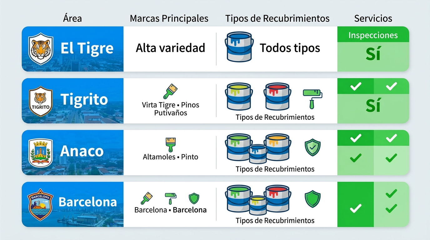 Infografía comparativa de pinturas, marcas, recubrimientos y servicios en El Tigre, Tigrito, Anaco y Barcelona