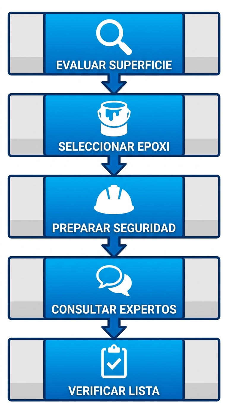 Diagrama de flujo vertical de cinco etapas para comenzar proyectos de pintura con epoxi protector