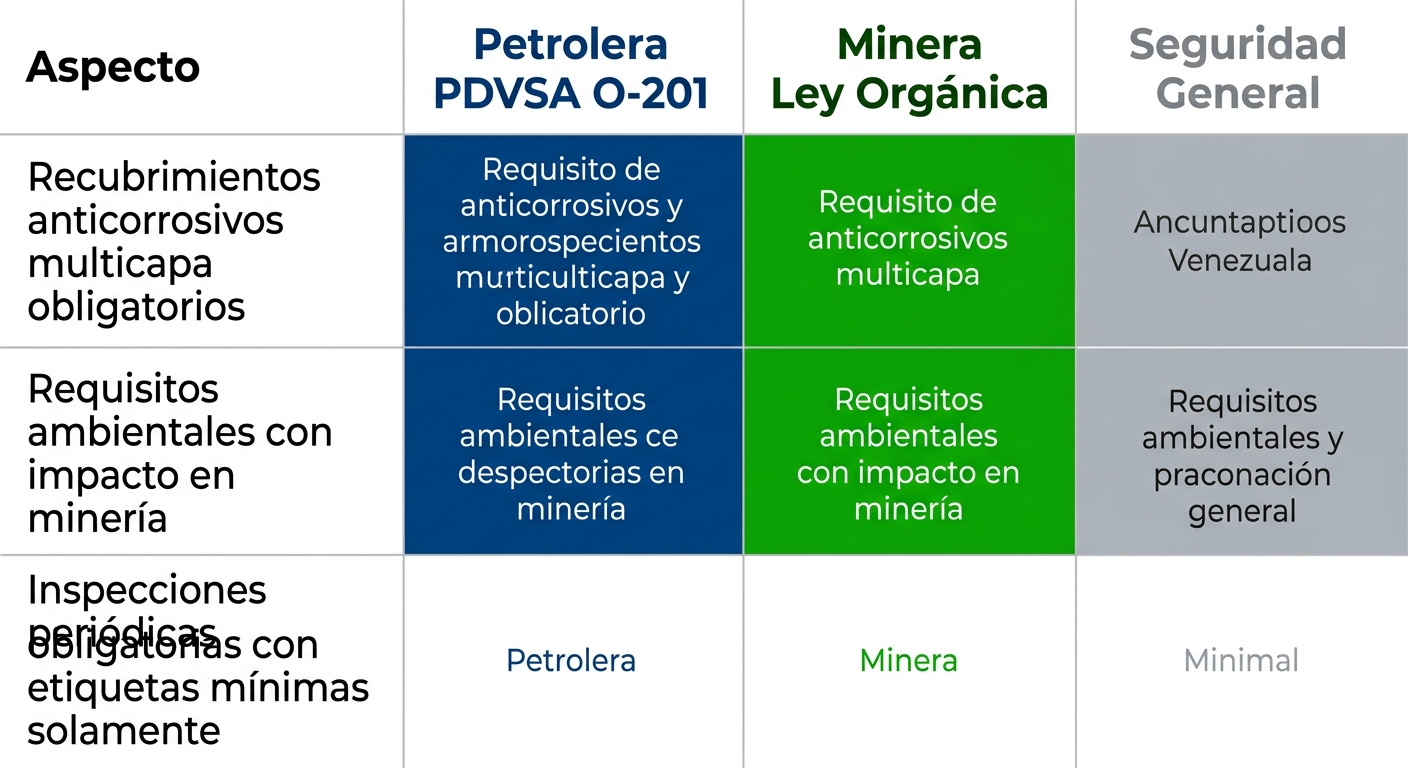 Infografía comparativa de normativas básicas PDVSA, mineras y de seguridad general para recubrimientos en Venezuela