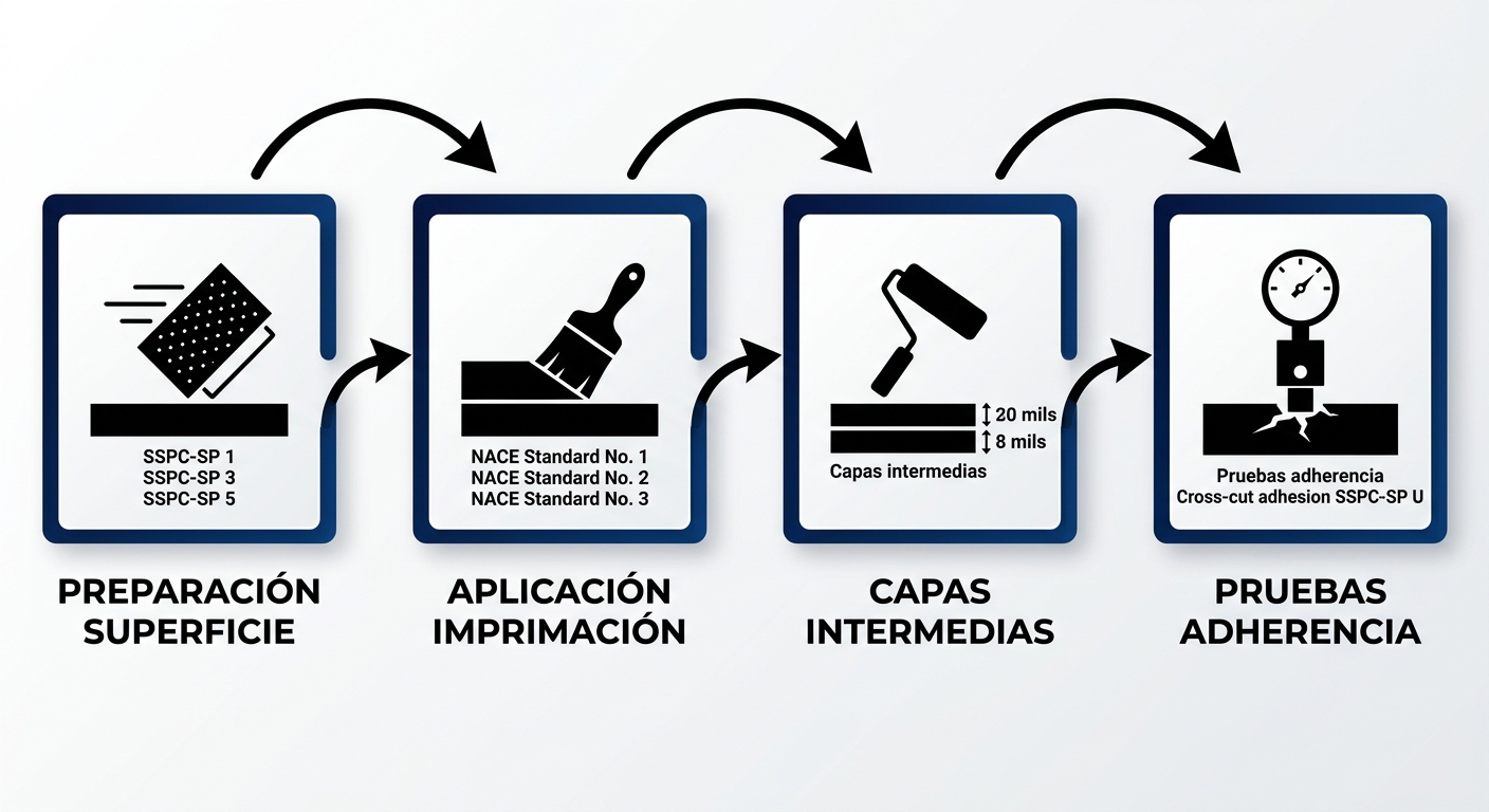 Diagrama de flujo horizontal de cuatro etapas para cumplimiento anticorrosivo en sectores petrolero y marino: preparación de superficie, imprimación, capas intermedias y pruebas de adherencia.