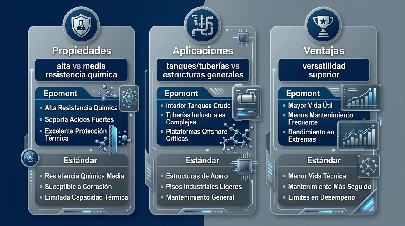 Infografía comparativa horizontal de Epomont Fenólico vs epóxicos estándar: propiedades, aplicaciones y ventajas con iconos y viñetas clave.