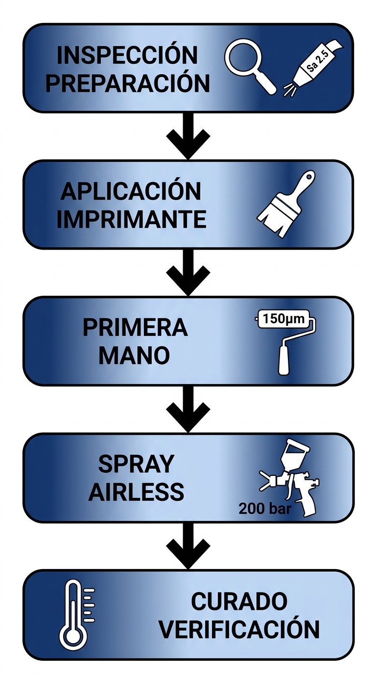 Diagrama de flujo vertical de cinco etapas para la aplicación del Epomont Fenólico en tanques y tuberías con iconos técnicos