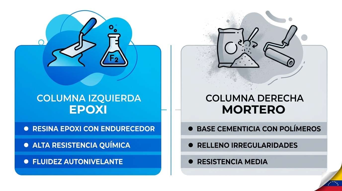 Infografía comparativa de tipos de autonivelante epoxi y mortero con propiedades clave