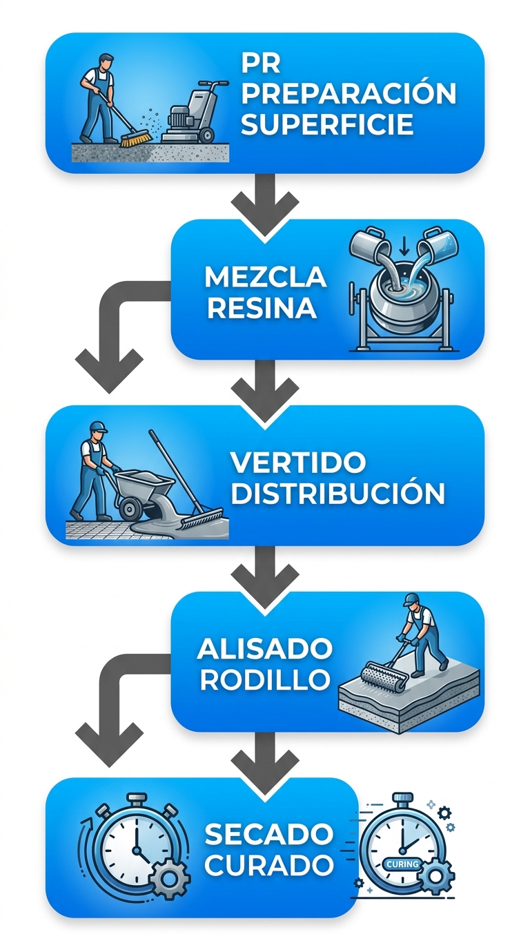 Diagrama de flujo vertical con cinco etapas clave de aplicación de pisos autonivelantes en concreto industrial.