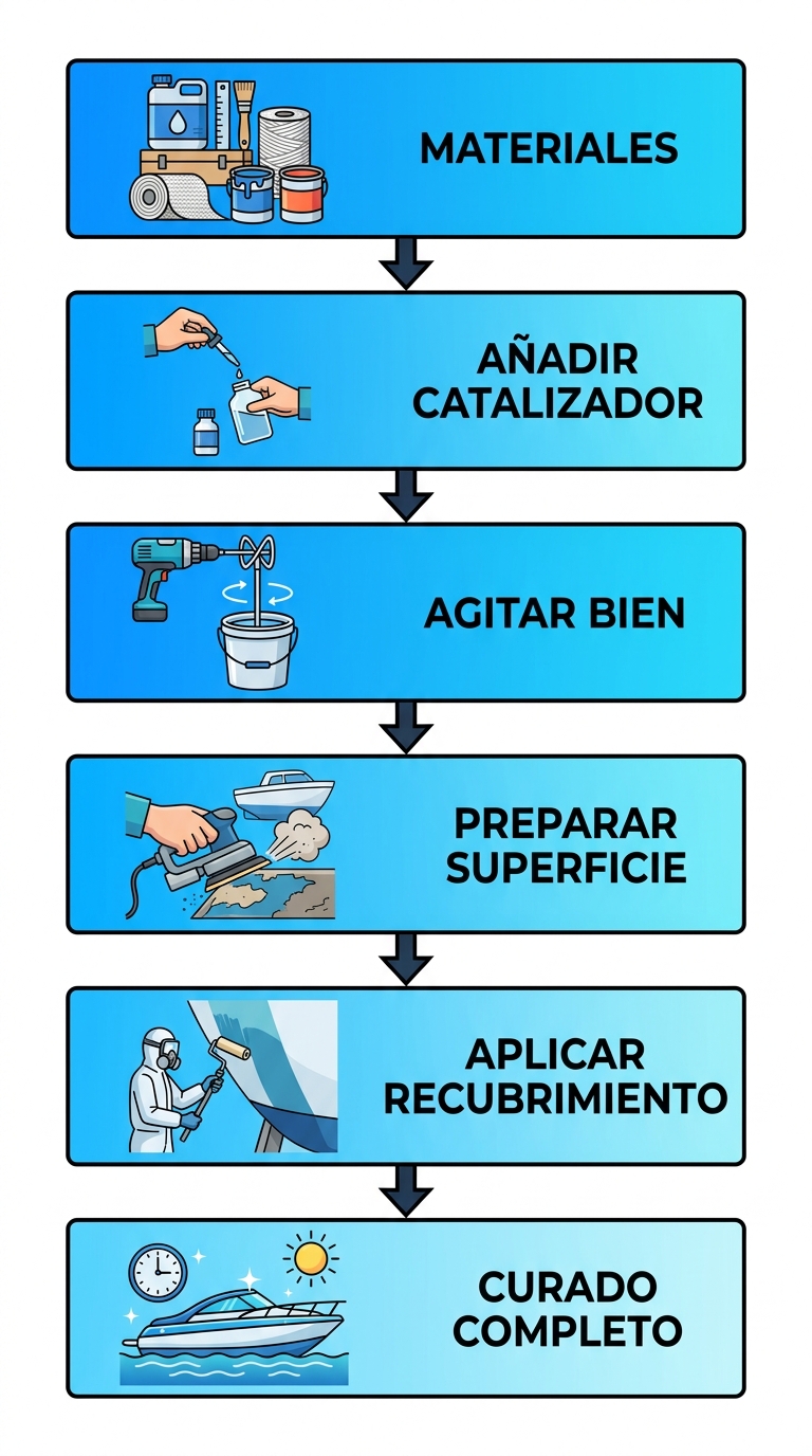 Diagrama de flujo vertical de seis etapas para mezclar y aplicar resina poliéster correctamente en recubrimientos marinos con iconos e indicadores.