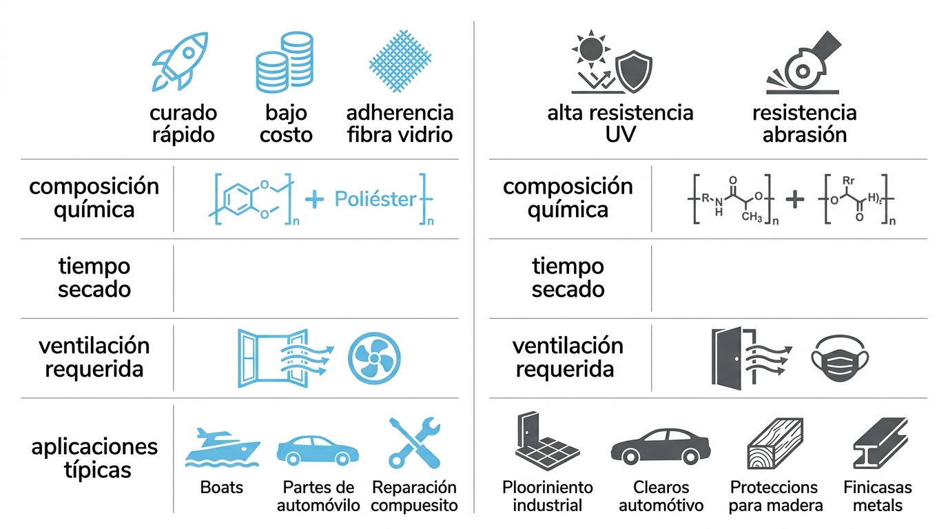 Infografía comparativa de pinturas poliéster y poliuretano mostrando diferencias en curado, costo, resistencia, ventilación y aplicaciones