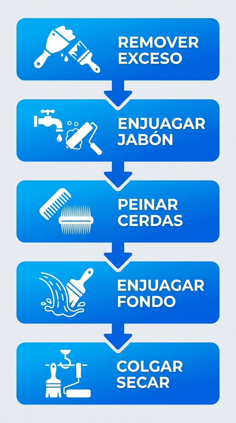 Diagrama de flujo vertical de cinco etapas para limpiar correctamente brochas y rodillos de pintura con iconos y precauciones ambientales