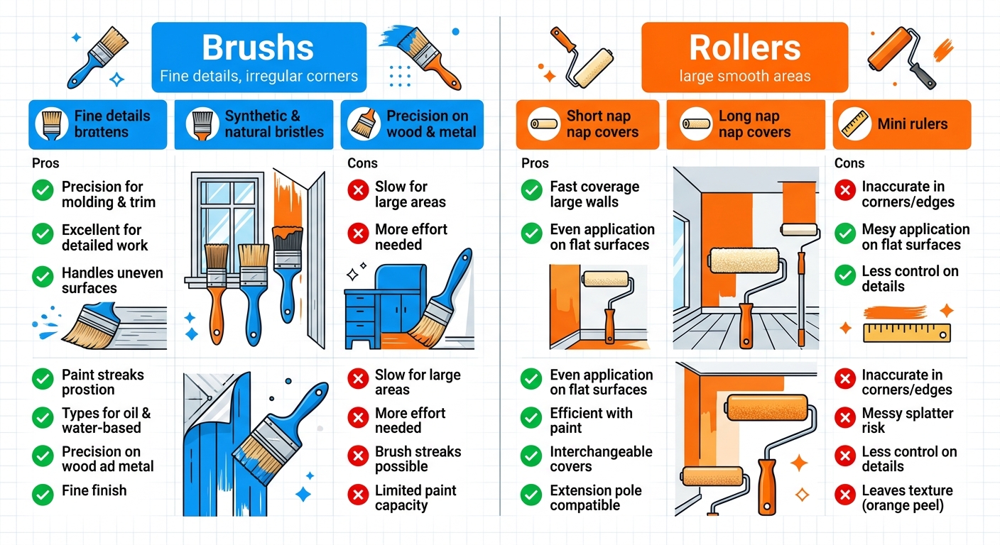 Infografía comparativa de brochas y rodillos para proyectos de pintura, destacando usos, ventajas y desventajas por tipo de superficie