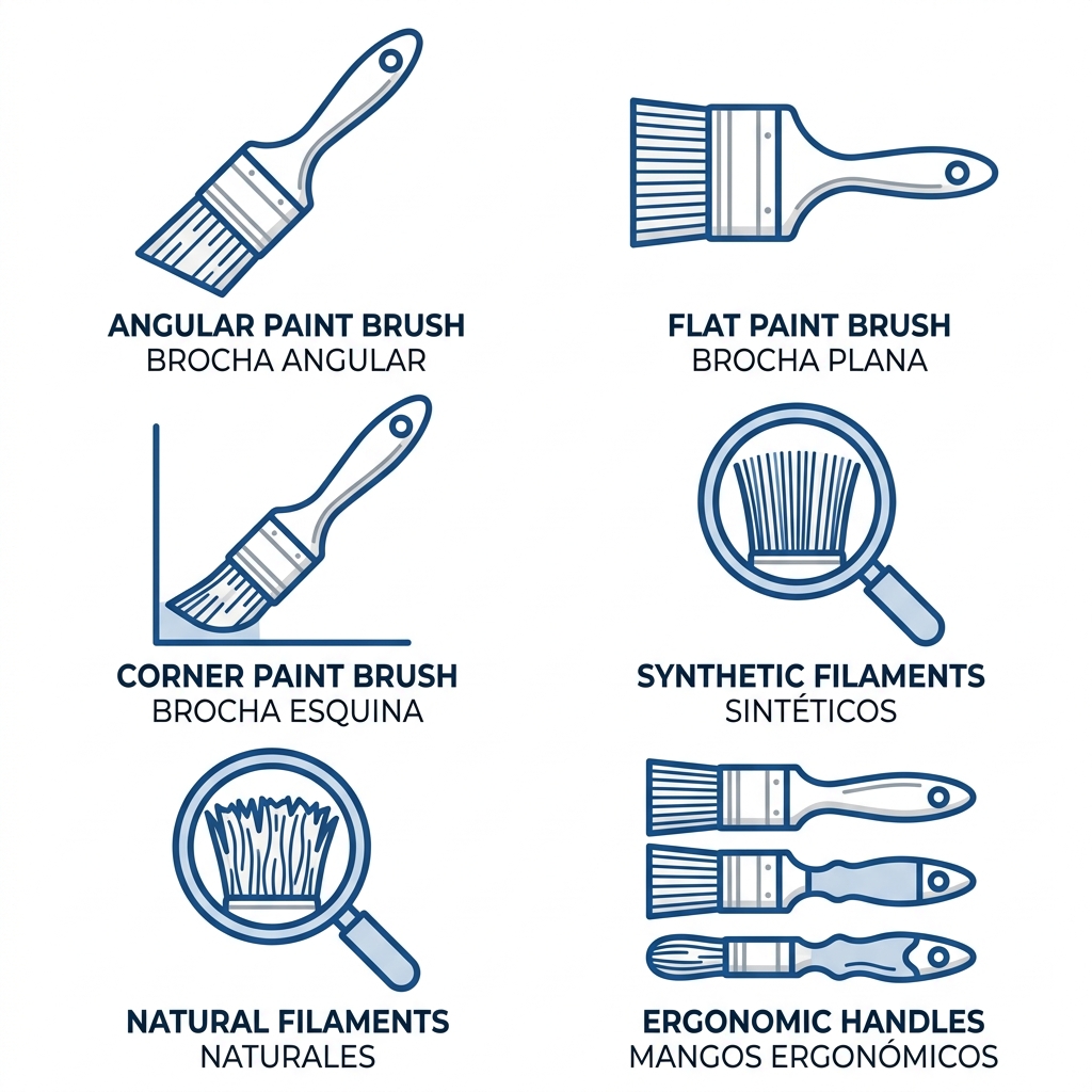 Cuadrícula 2x3 de 6 iconos outline modernos en azul y gris representando brochas para pinturas arquitectónicas: angular, plana, esquina, sintéticos, naturales y mangos ergonómicos.