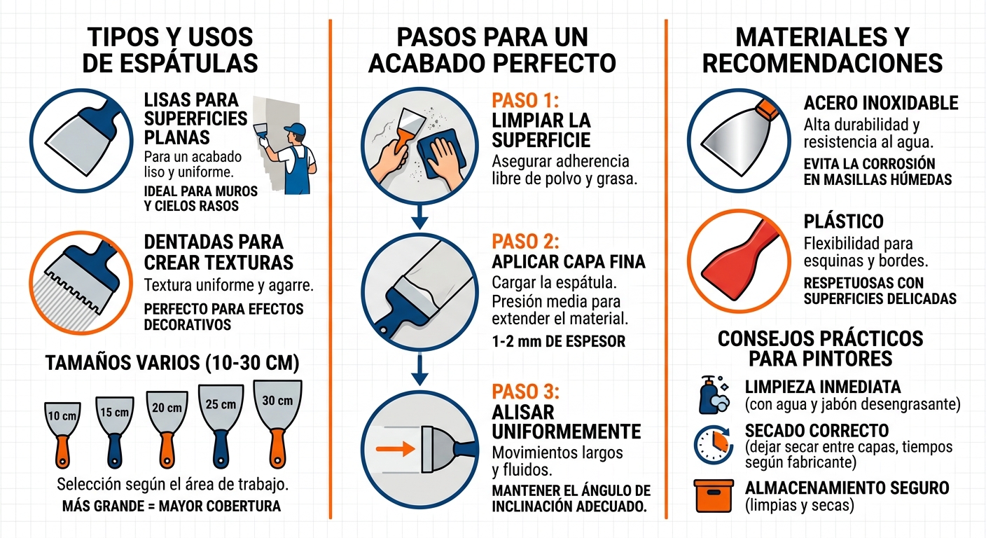Infografía detallada de tipos, aplicación y tips de espátulas para masilla en superficies