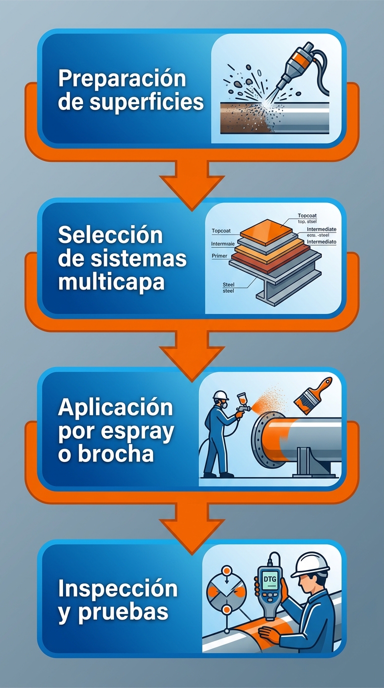 Diagrama de flujo vertical de cuatro etapas para aplicación de pinturas PDVSA: preparación, selección, aplicación e inspección con iconos técnicos.