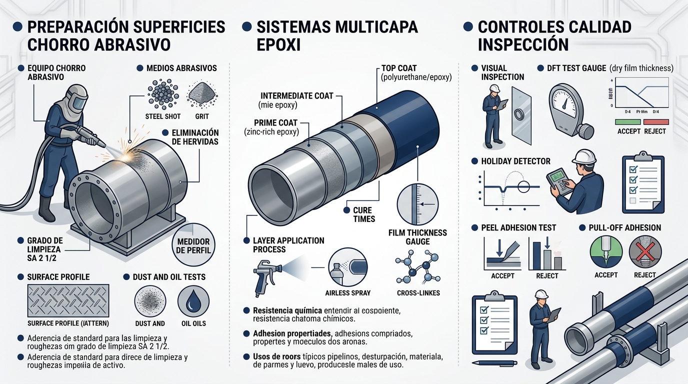 Infografía ilustrando preparación de superficies, sistemas multicapa epoxi y controles de calidad para Norma PDVSA O-201 anticorrosivos