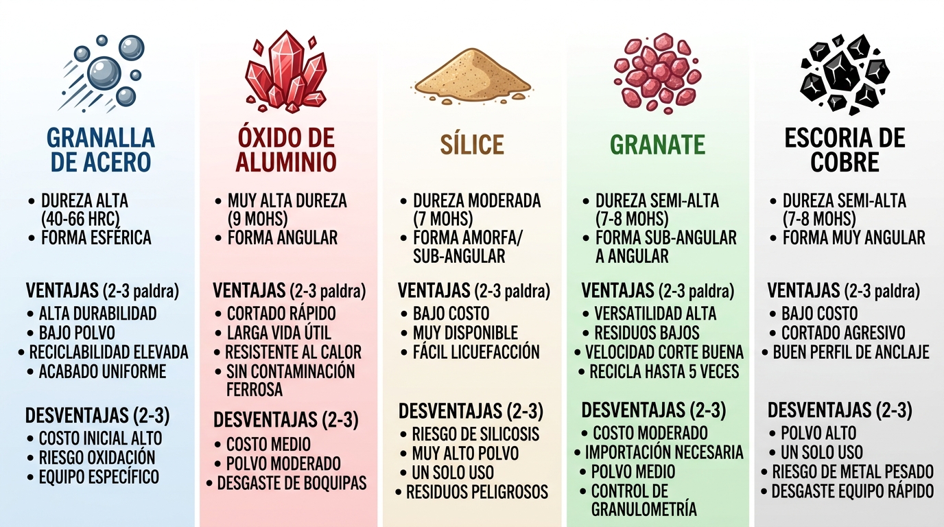 Infografu00eda comparativa de cinco tipos comunes de abrasivos para recubrimientos industriales con u00edconos, caracteru00edsticas y ventajas