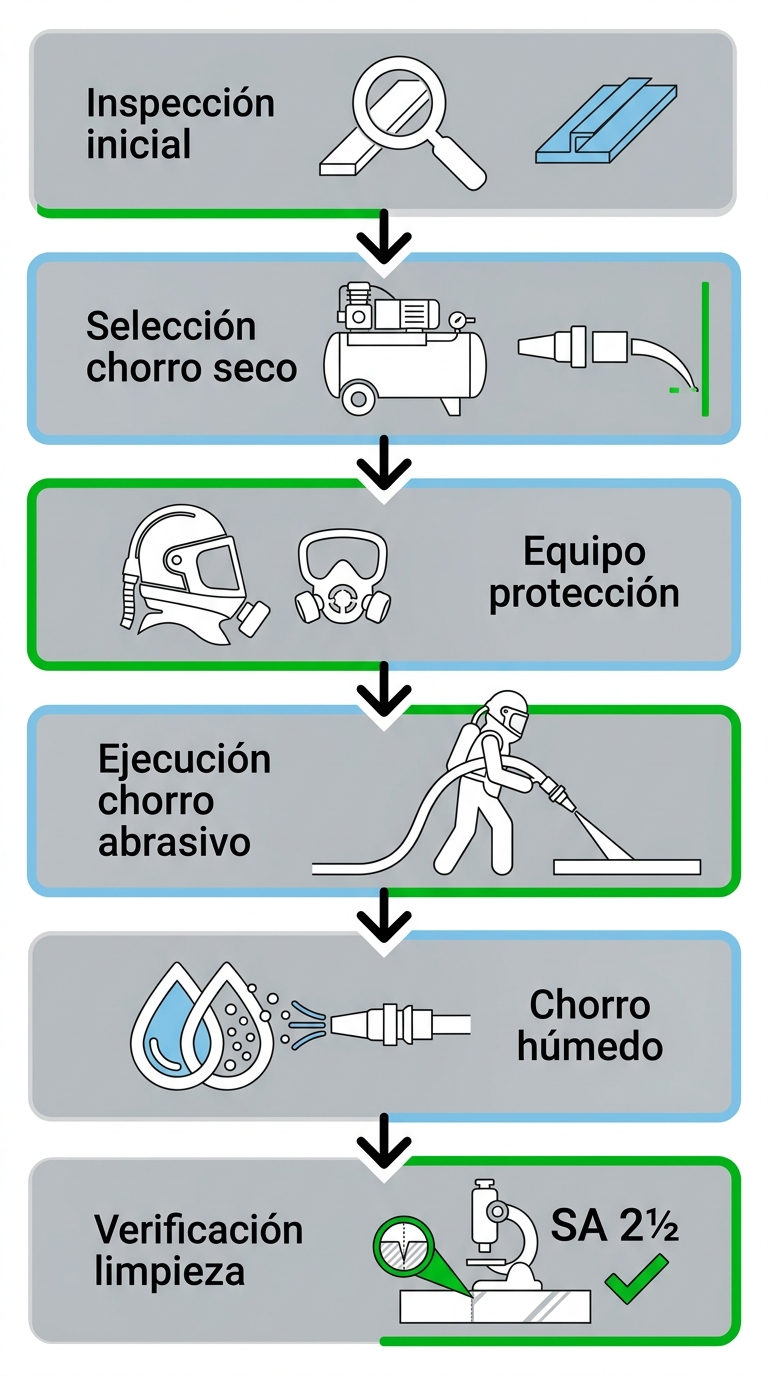 Diagrama de flujo vertical de seis etapas para preparaciu00f3n de superficies con abrasivos: inspecciu00f3n, selecciu00f3n de equipo, protecciu00f3n, ejecuciu00f3n, chorro hu00famedo y verificaciu00f3n.