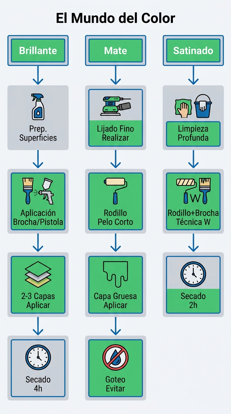 Diagrama de flujo vertical de técnicas de aplicación para acabados brillante, mate y satinado con herramientas e íconos
