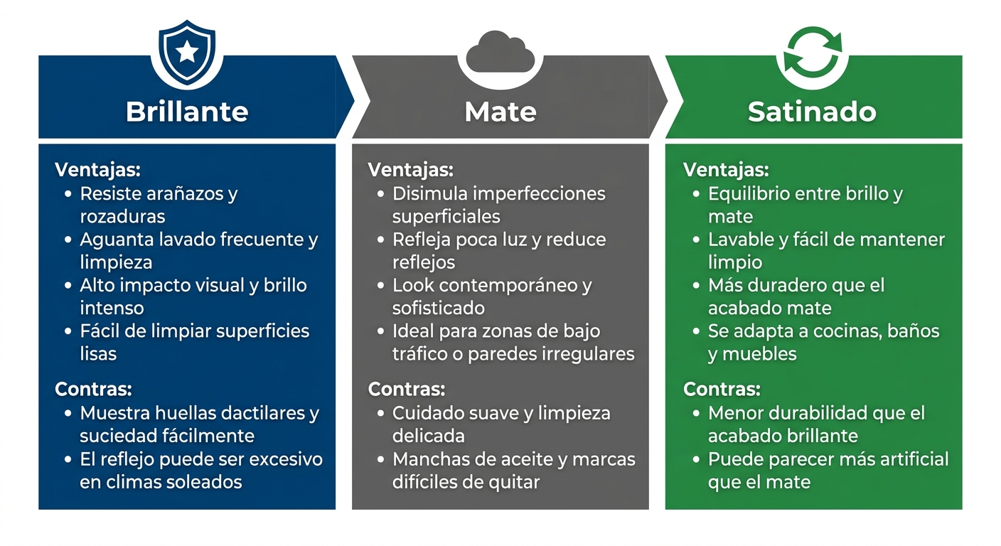 Infografía horizontal comparando durabilidad y mantenimiento de acabados de pintura brillante, mate y satinado con pros y contras.