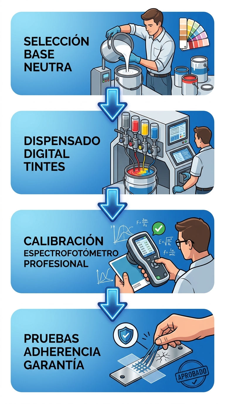 Diagrama de flujo vertical de cuatro etapas para la preparación de colores en pinturas: selección de base neutra, dispensado de tintes, calibración y pruebas.