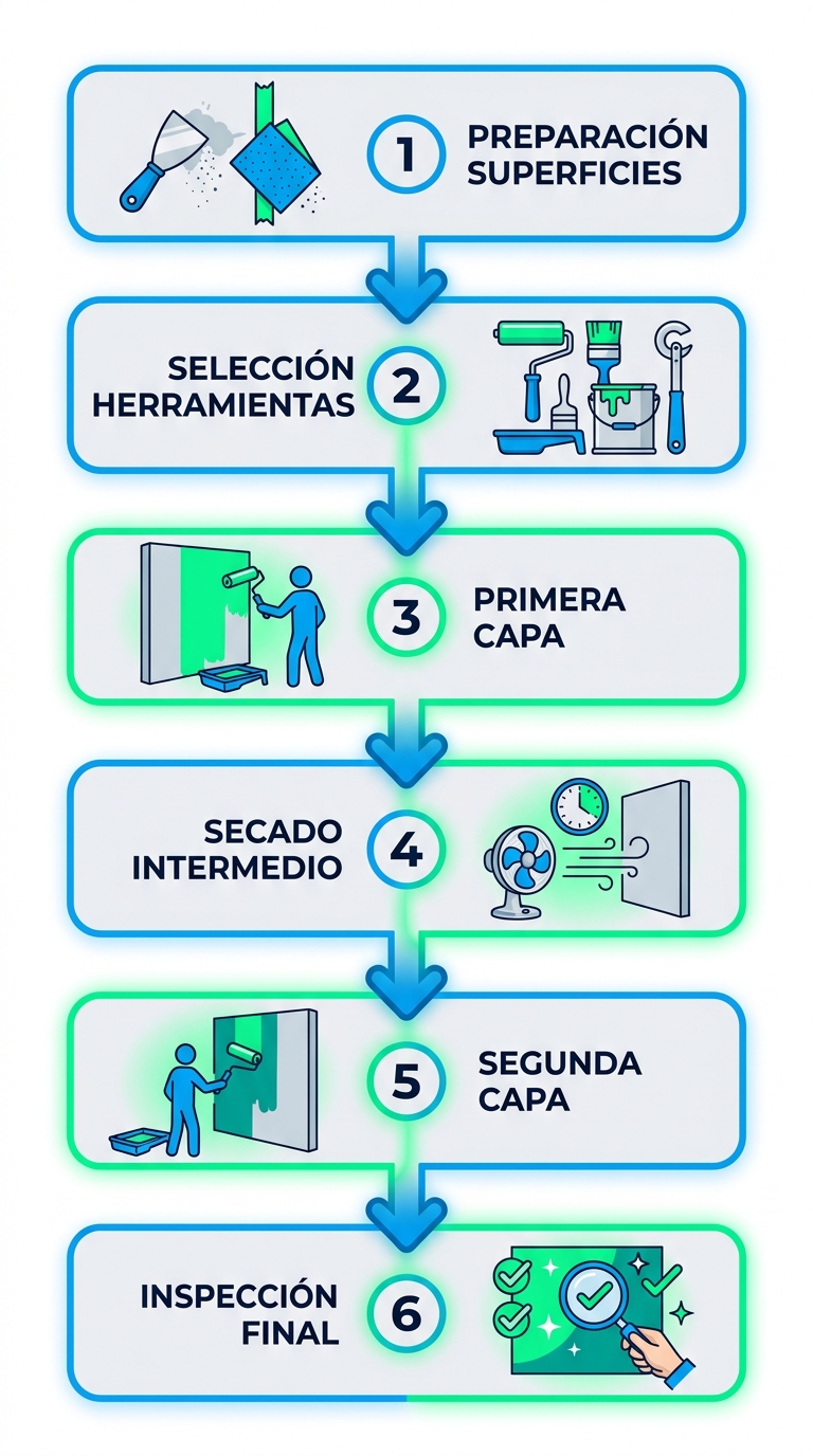 Diagrama de flujo vertical de seis etapas para la aplicación de un galón de pintura: preparación, herramientas, capas, secado e inspección.