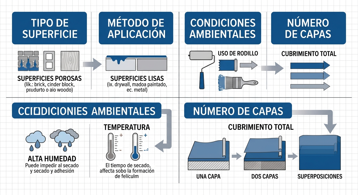 Infografía horizontal ilustrando cuatro factores principales que afectan el rendimiento de un galón de pintura: tipo de superficie, método de aplicación, condiciones ambientales y número de capas.
