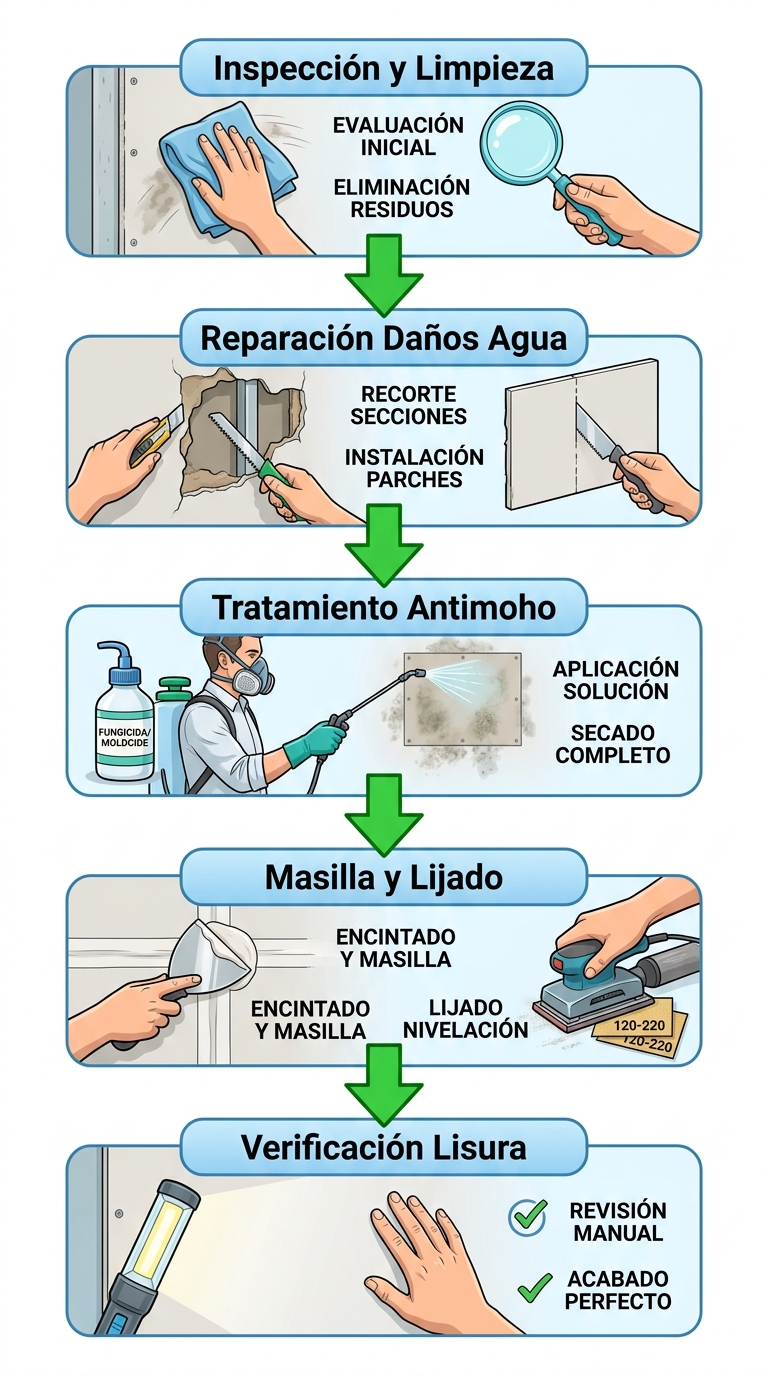 Diagrama de flujo vertical de 5 etapas para preparar superficie de drywall: inspección, reparación, antimoho, masilla y verificación.
