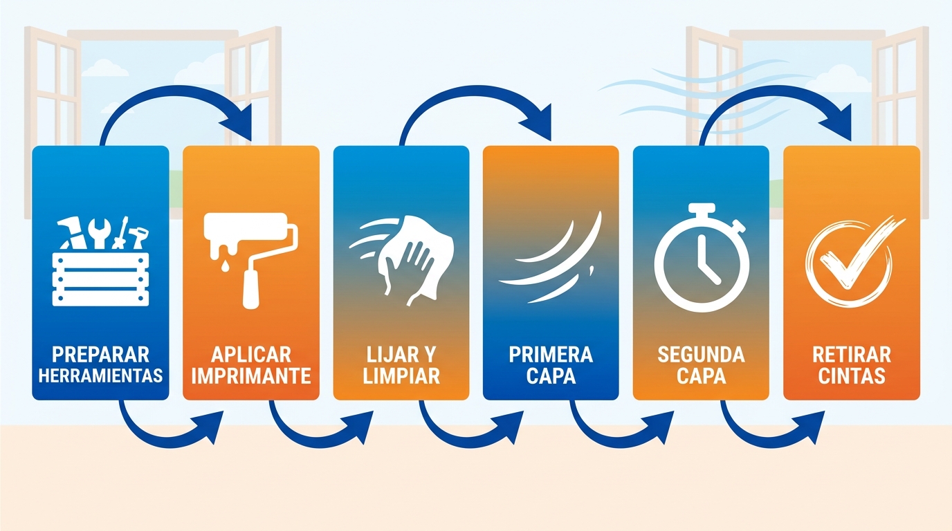 Flujo ilustrado de seis pasos secuenciales para pintar drywall: preparación de herramientas, imprimación, lijado, capas de pintura y secado final, con énfasis en ventilación y seguridad.