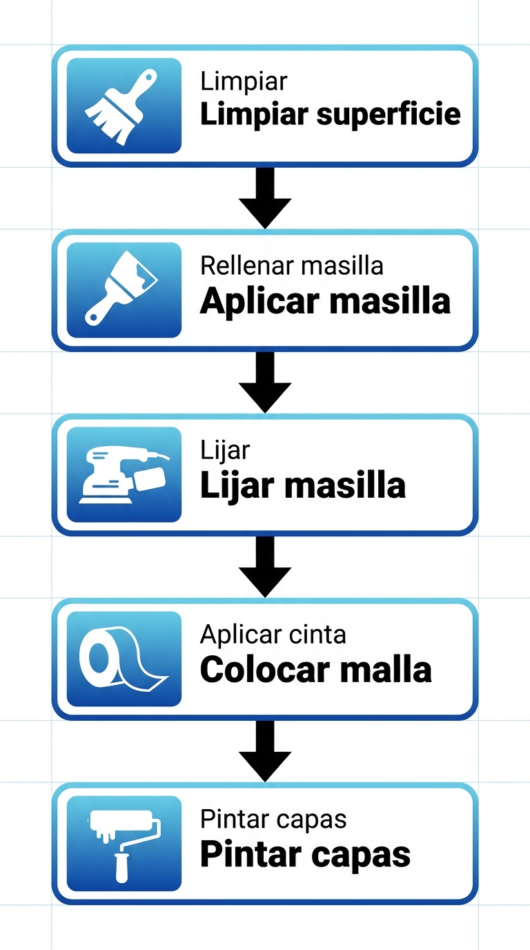 Diagrama de cinco etapas verticales para reparar grietas en paredes y techos con íconos de herramientas