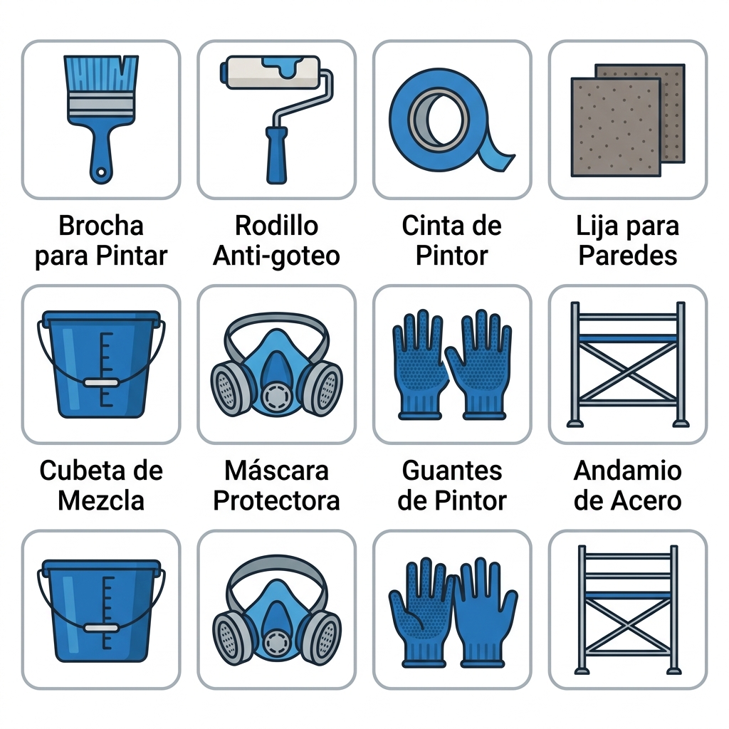 Conjunto de 8 iconos planos modernos de herramientas de pintura: brocha, rodillo, cinta, lija, cubeta, máscara, guantes y andamio con etiquetas en español