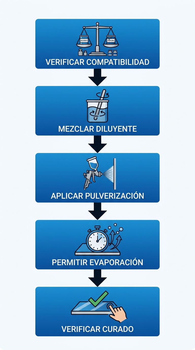 Diagrama de flujo vertical de cinco etapas para el uso de solventes y thinners en pinturas industriales: verificar, mezclar, aplicar, evaporar y verificar curado.