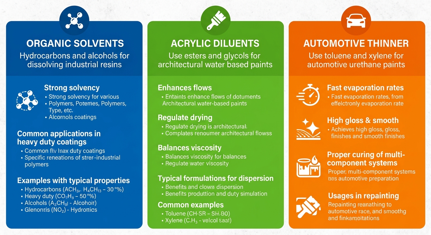Infografía comparando solventes orgánicos, diluyentes acrílicos y thinners automotrices en pinturas venezolanas