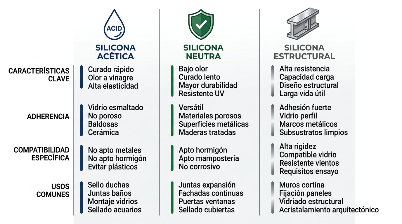 Infografía comparativa de siliconas acética, neutra y estructural para construcción y sellado, con íconos, características y usos