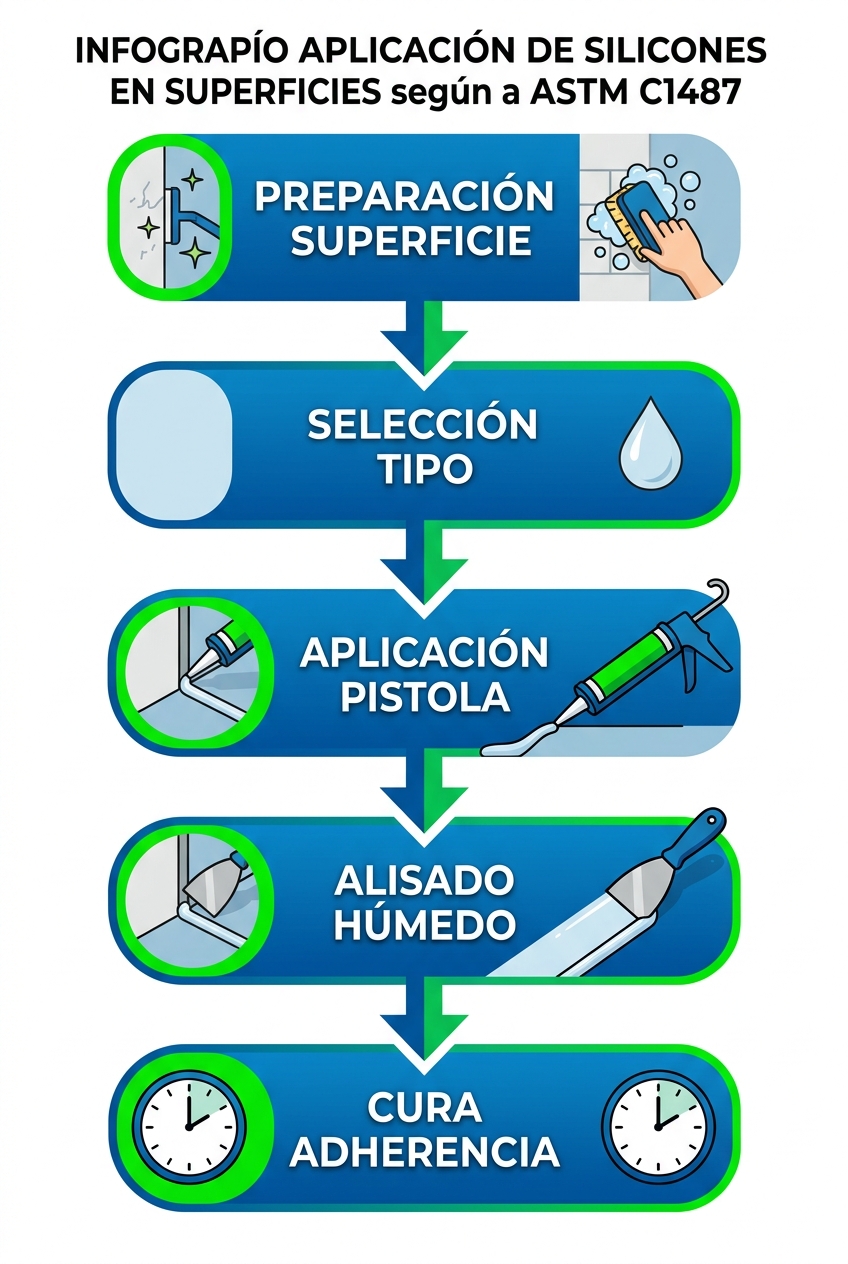 Diagrama de flujo vertical ilustrado de cinco etapas para la aplicación práctica de siliconas en superficies, con íconos y flechas conectadas.
