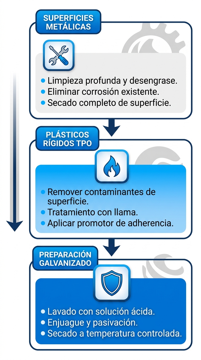 Diagrama de flujo vertical de tres etapas para aplicaciu00f3n de promotores de adherencia en superficies metu00e1licas, plu00e1sticos y galvanizado