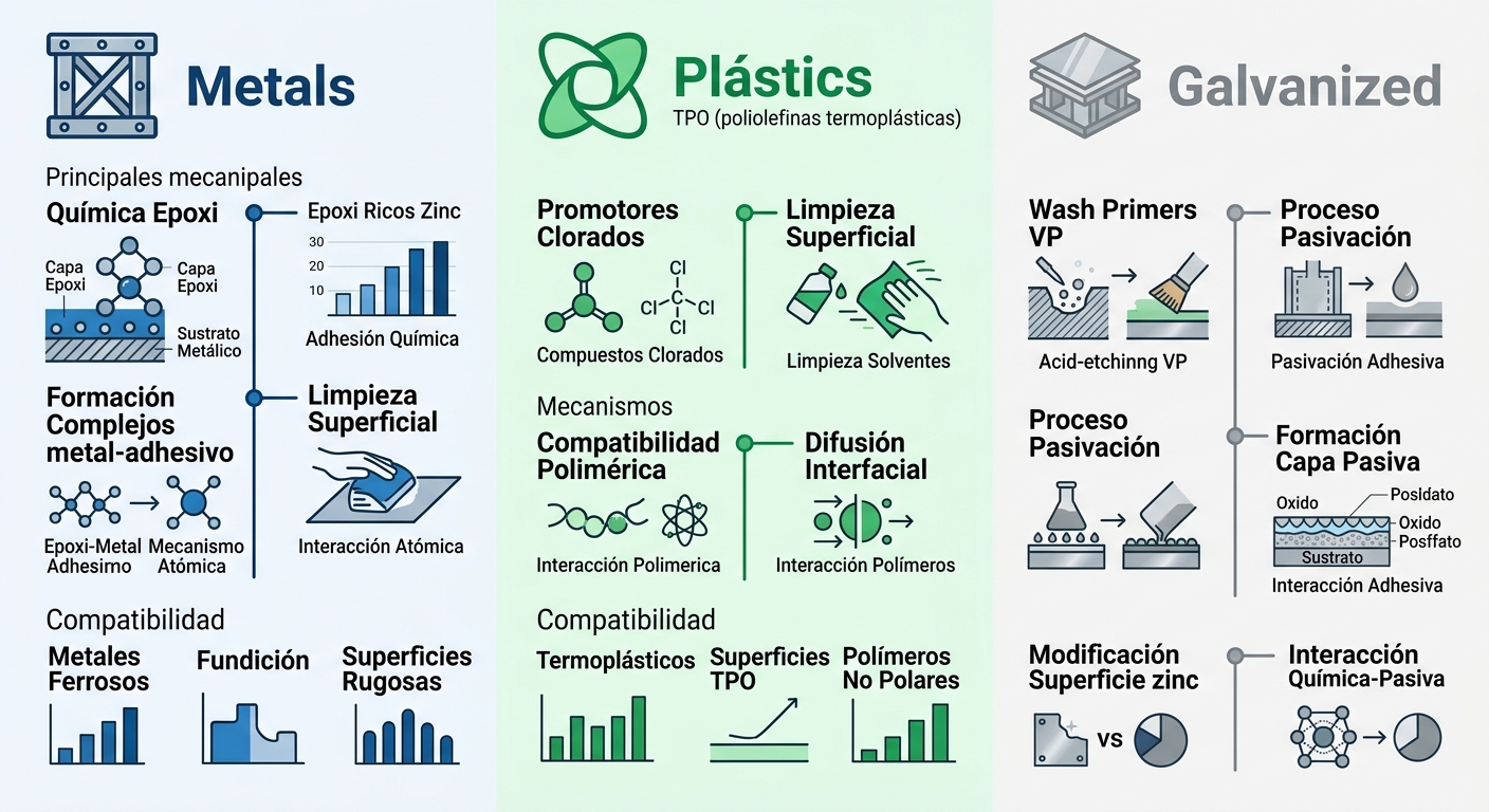 Infografu00eda comparativa de promotores de adherencia para metales, plu00e1sticos TPO y galvanizado con iconos y mecanismos clave