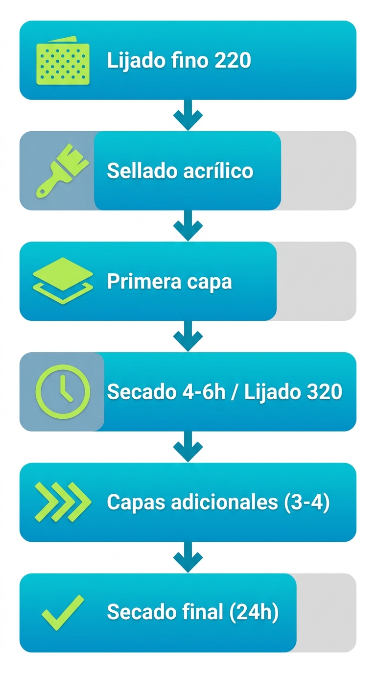 Diagrama de flujo vertical de 6 etapas para preparar y aplicar barniz y selladores en madera, con iconos y flechas.