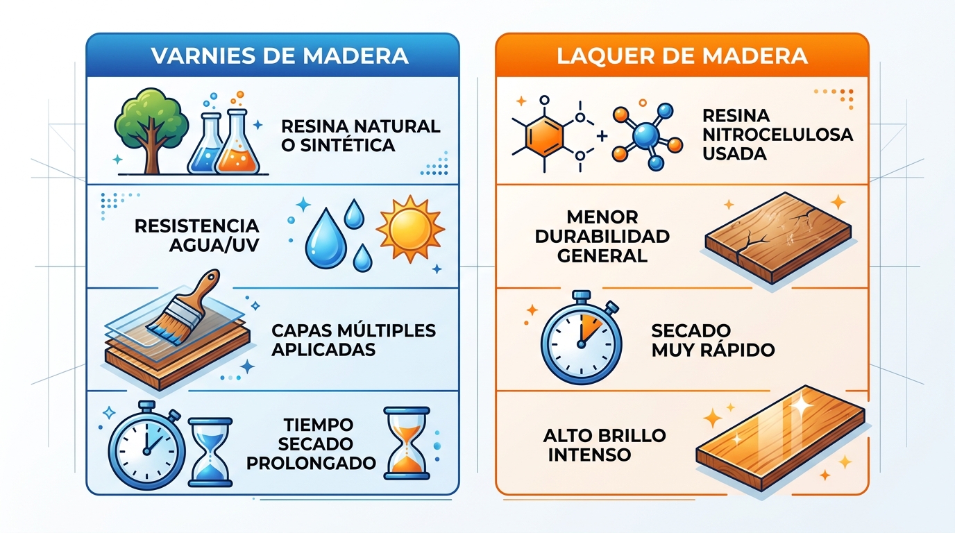 Infografía comparativa de barniz y laca para madera: características, resistencias y aplicaciones.