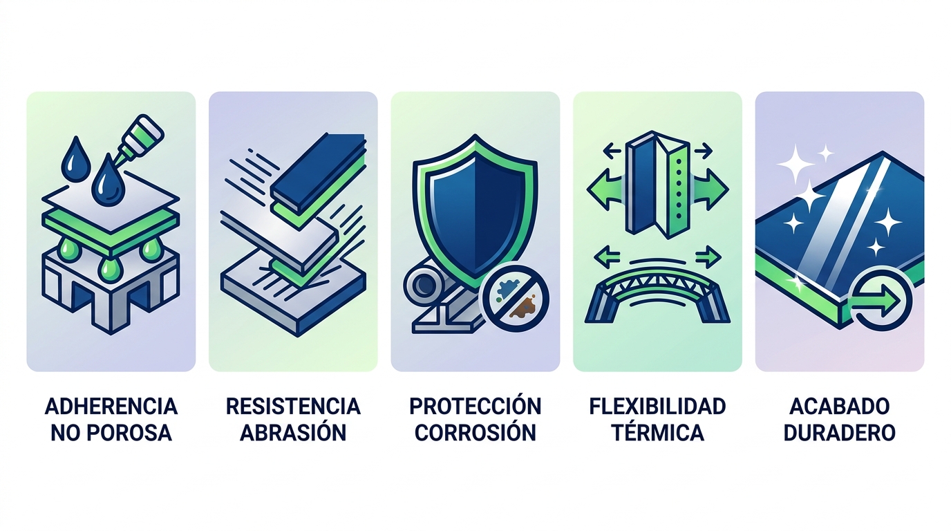 Infografía ilustrando cinco ventajas clave de pinturas para cerámica: adherencia, resistencia a abrasión, protección anticorrosiva, flexibilidad térmica y acabado duradero.